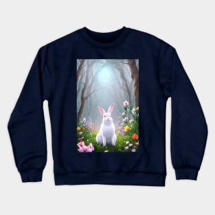 Fluffy white bunny rabbit in the woods with wildflowers Crewneck Sweatshirt